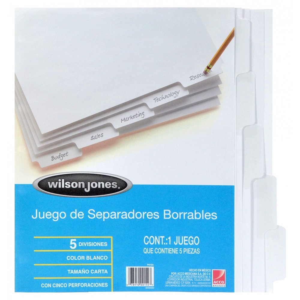 Separador blanco carta 5 divisiones A    5 pestañas plásticas blancas borrables                                                                                                                                                                                                                          Y pestañas borrables                     - Código: 23075 | Compra en Guadalajara