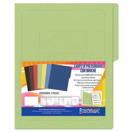 Carpeta Pressboard Kyma C/Broche 8cm Tamaño Carta Verde Claro Paquete C/5 CAPRKB-TC-VDC - Código: CAPRKB-TC-VDC | Compra en Guadalajara
